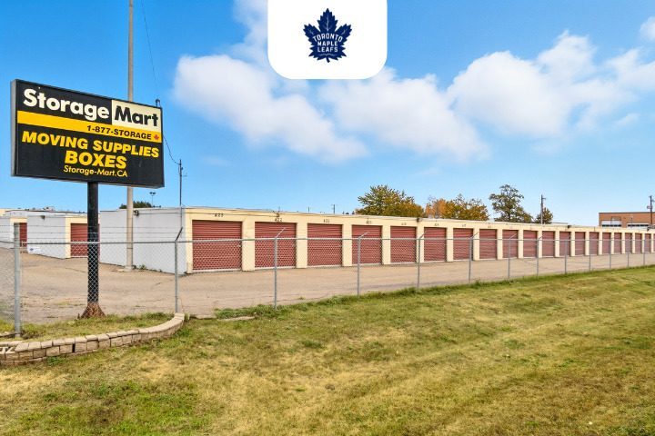 rows of drive up storage units with the StorageMart logo sign on 214 St in Edmonton